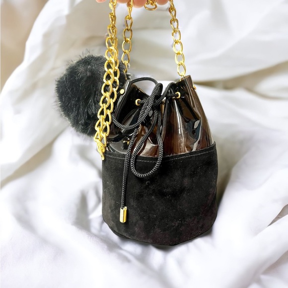 Handmade Black Suede and Vinyl Bucket Bag with PomPom - Picture 1 of 6